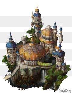 an artistic rendering of a castle with lots of towers and domes on top of it