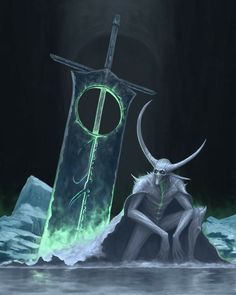 a demon sitting on top of a rock next to a giant green object in the water