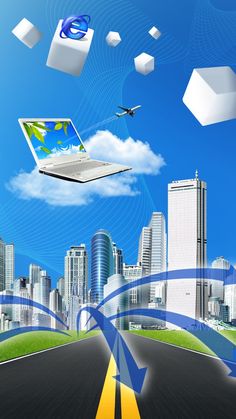 an airplane flying over a road with buildings in the background and laptops floating above