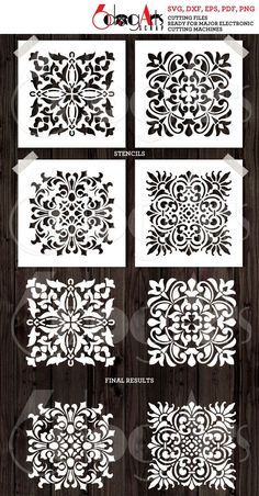 the cut file for laser cutting paper is shown in four different styles, including an ornate design