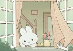 an animated image of a white rabbit sitting in front of a window looking out at the outside