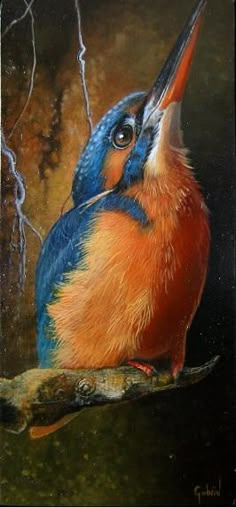 a painting of a colorful bird sitting on a branch with its beak open and it's head turned to the side