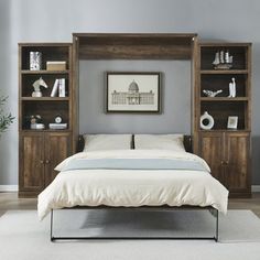 a bed sitting in a bedroom next to a bookcase filled with books on top of a white rug