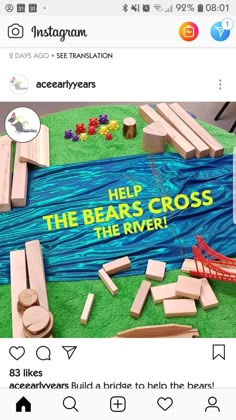 an image of a fake river and bridge made out of wooden planks with the words help the bears cross the river