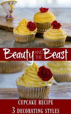 cupcakes with yellow frosting and red roses on top are shown in three different views