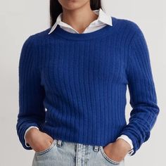 Madewell Redfield In Voyage Blue A Perfectly Soft, Perfectly-Fitted Sweater That Can Take You From Am To Pmour Design Team Made The Dream A Reality. Crafted Of Soft Wool Blend, This Supercropped Sweater Has A Crew Neck And Ribbed Detailing. You'll Want One In Every Color. Slim Fit. Body Length From High Point Of Shoulder: 18 1/2" (Based On Size M). 50% Acrylic/27% Wool/21% Polyamide/2% Elastane. Do Well: This Style Uses Rws-Certified Wool From Farms That Take A Progressive Approach To Brand New Am To Pm, Madewell Sweater, Light Spring, Every Color, Outfit Inspo Fall, Fitted Sweater, Soft Wool, The Dream, Blue Sweaters