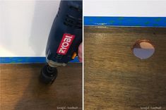 a drill is being used to fix a hole in the wall between two pieces of wood