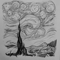 a black and white drawing of a tree with swirls in the sky above it