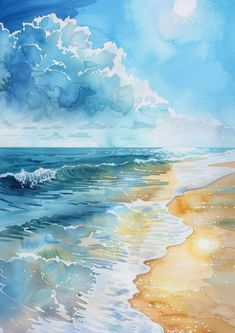 a painting of the ocean with waves coming in to shore and sun shining through clouds