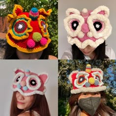 four pictures of different types of knitted hats with eyes and nose masks on them