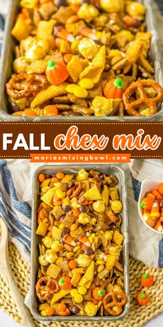 Want more Halloween party ideas? This fall snack mix is the Halloween treat to make! This easy Halloween snack is a perfect blend of sweet and savory. With the addition of candy corn and candy pumpkins, this fall chex mix recipe is fun and festive! Chex Mix Serving Ideas, Candy Corn Muddy Buddies, Halloween Bulk Treats, Halloween Snack Mix With Bugles, Snack Mix With Fritos Corn Chips, Peanut Lovers Chex Mix Recipe, Salty And Savory Snacks, Chec Mix Recipe Halloween, Easy Fall Snack Mix Recipes