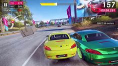 two cars driving down the road in front of each other on an interactive video game