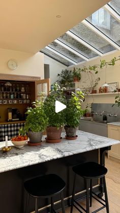 a kitchen with an island and potted plants on the counter top in front of it