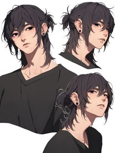 an anime character with black hair and piercings in three different positions, including the head