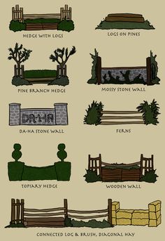 the different types of benches and fences in various places around the world, including trees, bushes, hedges, rocks, etc