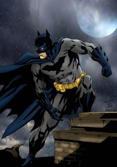 the batman is flying in the sky above some stairs and steps with rain coming down on him