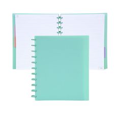 a spiral bound notebook is open to show the pages on each side, and has a notepad attached