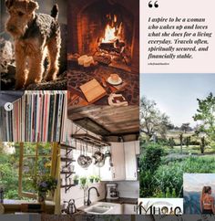 a collage of photos with words and pictures on them, including a dog in the kitchen