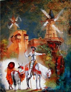 a painting of a man riding on the back of a white horse next to windmills