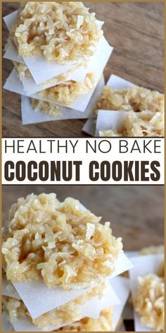 healthy no bake coconut cookies are stacked on top of each other and ready to be eaten