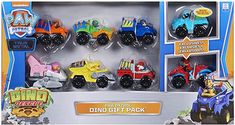 the paw patrol dino gift pack includes 6 vehicles and an action figure that is designed to look like a cartoon character