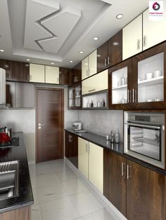 a kitchen with brown cabinets and white walls