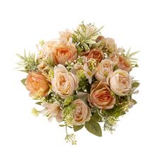 a bouquet of peach roses and greenery on a white background with clippings