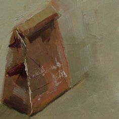 an oil painting of a brown paper bag