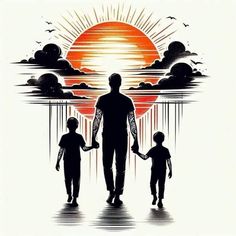 a man and two children standing in front of the sun