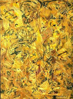 an abstract painting with many different colors and patterns on it's surface, including yellow