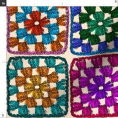 four crocheted squares with different colors and sizes on them, all arranged in the same square