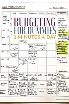 a calendar with the words budgeting for dummies written on it and two minutes a day