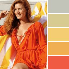 a woman in an orange dress sitting on a beach towel