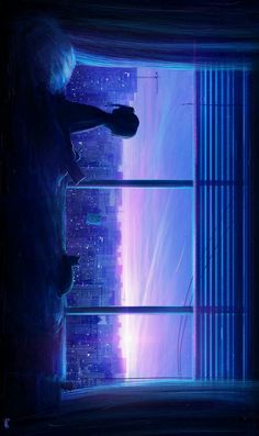 a person standing in front of a window looking out at the night sky and city