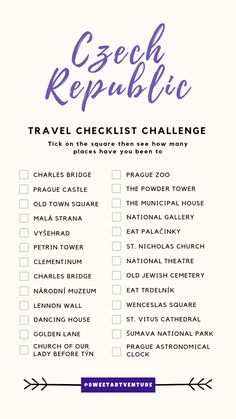 the czech republic travel checklist challenge is shown in purple and white with an arrow