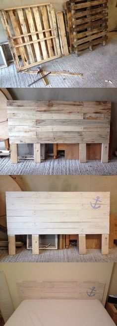 three different types of wooden pallets stacked on top of each other in the same room