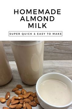 homemade almond milk and almonds on a wooden table