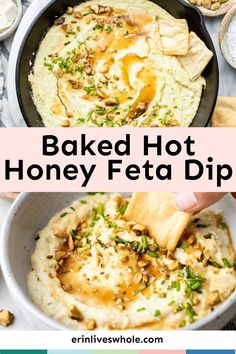 baked hot honey feta dip in a bowl with crackers and pita chips