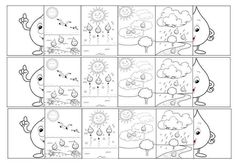 the four stages of drawing cartoon animals with different expressions and shapes, including raindrops