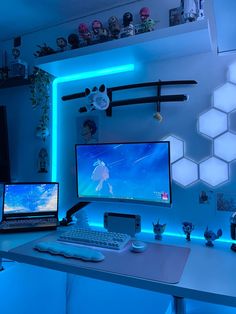 Gaming Room Ideas Gaming Set Ups Aesthetic, Black And Blue Pc Setup, Dark Blue Gaming Room, Tech Room Aesthetic, Nintendo Switch Gaming Setup, Cozy Gaming Bedroom, Pc Gaming Room Setup, Blue Pc Setup, Blue Desk Setup