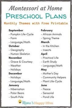 the montessoi at home preschool plan with free printables for each month