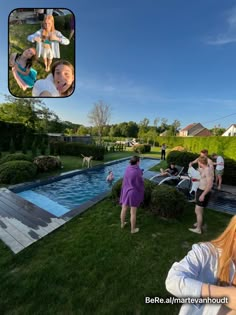 people are standing around in the yard near a swimming pool with an image of a child on it