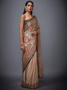 Ritu Kumar Saree, Floral Saree, Beige Silk, Feminine Women, Satin Saree, Saree Trends, Western Design