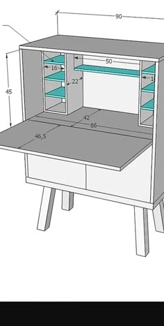 a drawing of a desk with drawers and shelves on the bottom, measurements for each drawer