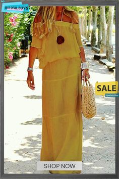 Carlena Off Shoulder Holiday Maxi Dress Casual Shift Maxi Dress For Party, Chic Yellow Off-shoulder Maxi Dress, Spring Maxi Dress For Outing, Long Shift Midi Dress For The Beach, Solid Long Beach Dress, Solid Shift Dress For The Beach, Beach Shift Dress, Long Solid Color Dress For Vacation, Yellow Off-shoulder Maxi Dress For Spring