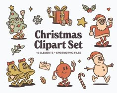 the christmas clipart set includes cartoon characters, including santa claus and other holiday items