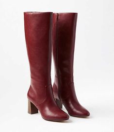 Tall and sleek with a chic yet walkable heel, these boots instantly pull outfits together with impeccable (and effortless) polish. Padded footbed for comfort. 2 3/4" heel.,Imported:Imported Loft Heeled Tall Boots Size 9 1/2 Oxblood Women's by Loft Size Regular - 9 1/2 Oxblood Women's Shoes, Boots, Footwear Burgundy Tall Boots, Knee High Fall Boots, Narrow Calf Boots Woman Slim Calves, Red Boots Fall, Burgundy Leather Boots, Dark Red Boots Outfit, Outfit With Red Boots, Maroon Boots Outfit, Womens Boots For Fall