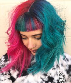 Emo Split Dyed Hair, Pink Multicolor Hair, Unicorn Hair Dye, Half And Half Hair, Brunette Ombre, Pulp Riot Hair Color, Color Hairstyles, Hair Color Orange