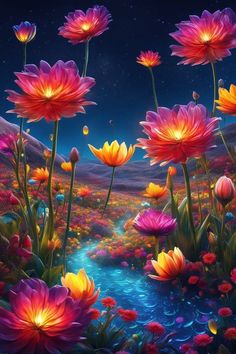 flowers are blooming in the night sky and there is a stream running through them