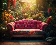 a pink couch sitting in the middle of a forest filled with lots of plants and flowers